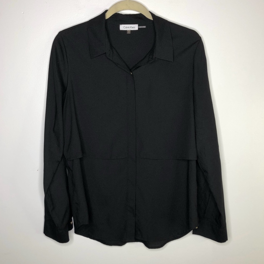 Calvin Klein black tabbed sleeve tiered layered button down shirt